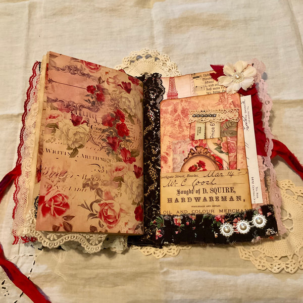 Victorian Junk Journal Handmade Red and Black Themed Tags Pockets OOAK