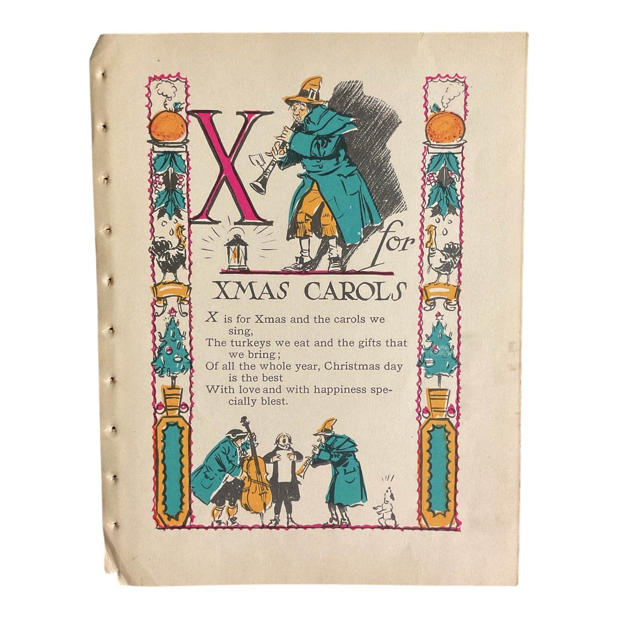 Vintage 1926 Tony Sarg Alphabet Page X for Xmas Carols Color Illustration Print