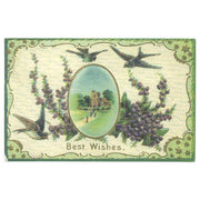 Antique 1910s Best Wishes Greetings Postcard Church Scene Birds Purple Flowers Gold Stars - Avid Vintage