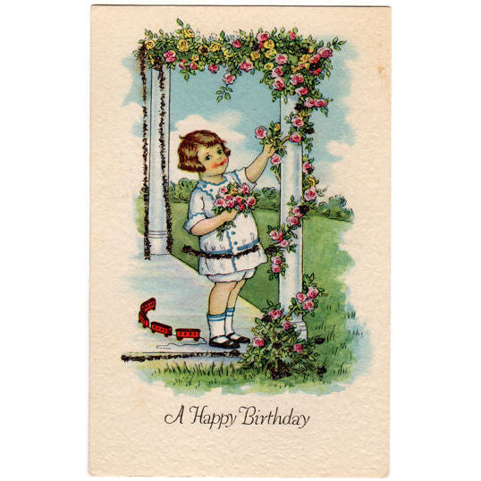 Vintage Unused Happy Birthday Postcard Little Girl Red Train Glitter Pink Roses - Avid Vintage