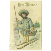 Antique Best Wishes Greetings Postcard 1910s Boy on Snow Skies Basket of Flowers - Avid Vintage