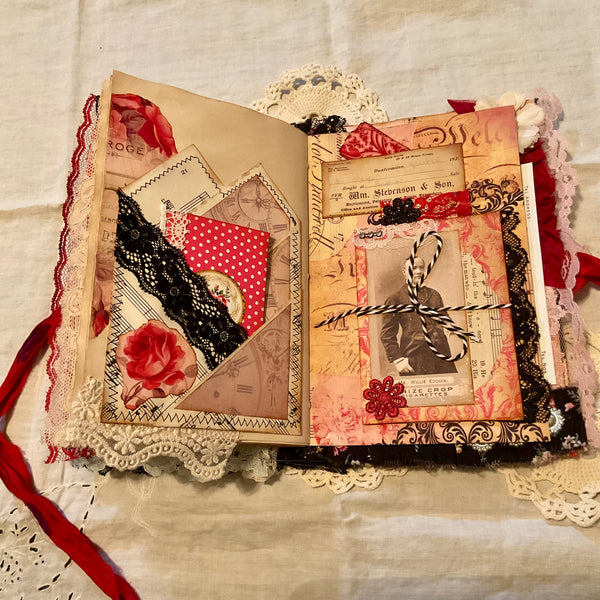 Victorian Junk Journal Handmade Red and Black Themed Tags Pockets OOAK