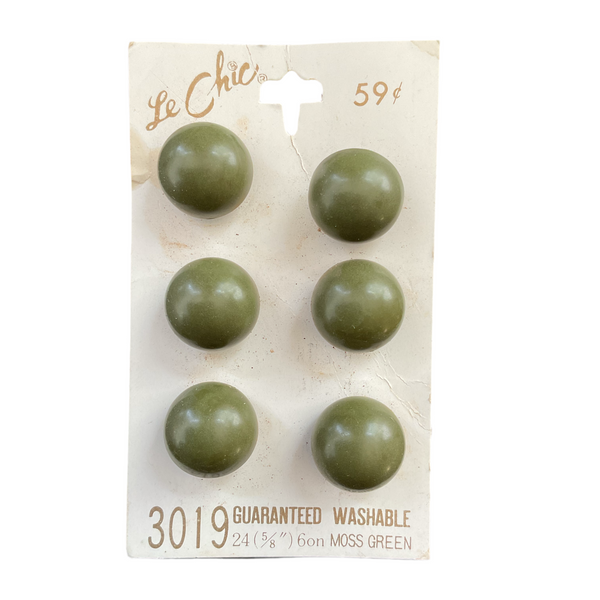 Vintage Le Chic Moss Green Shank Buttons 6 on Card