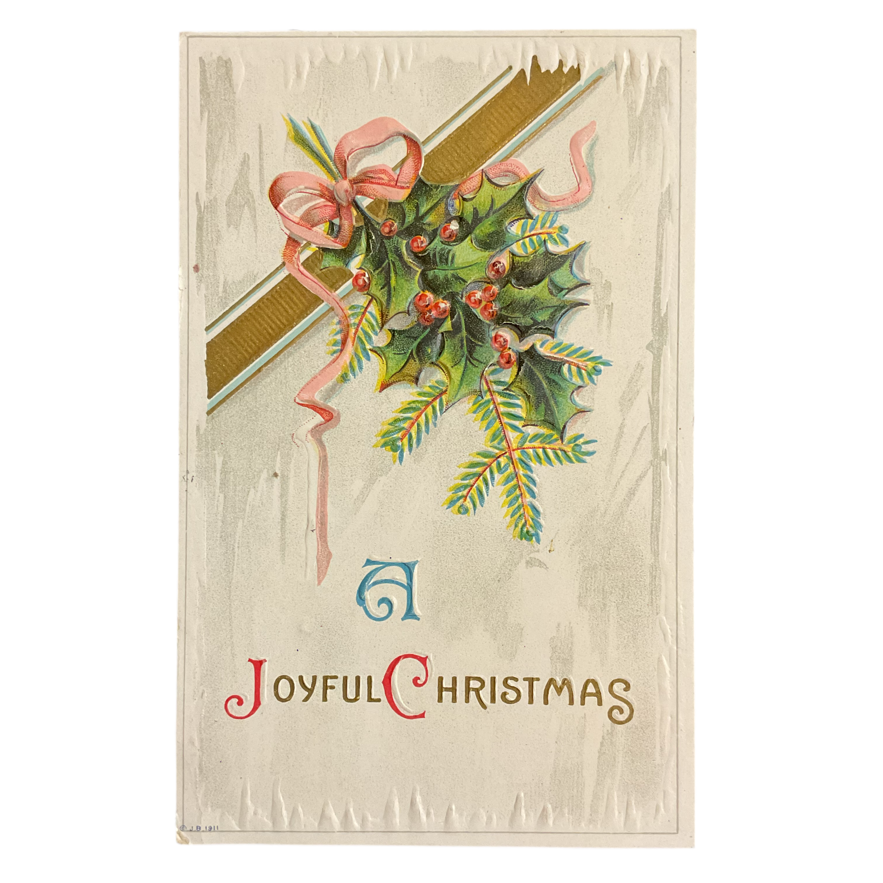 Vintage Postcard A Joyful Christmas Holly Pink Ribbon