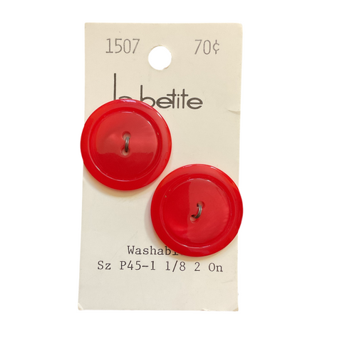 Vintage 1507 La Petite 1 1/8 Shiny Red 2 Hole Buttons 2 on Card