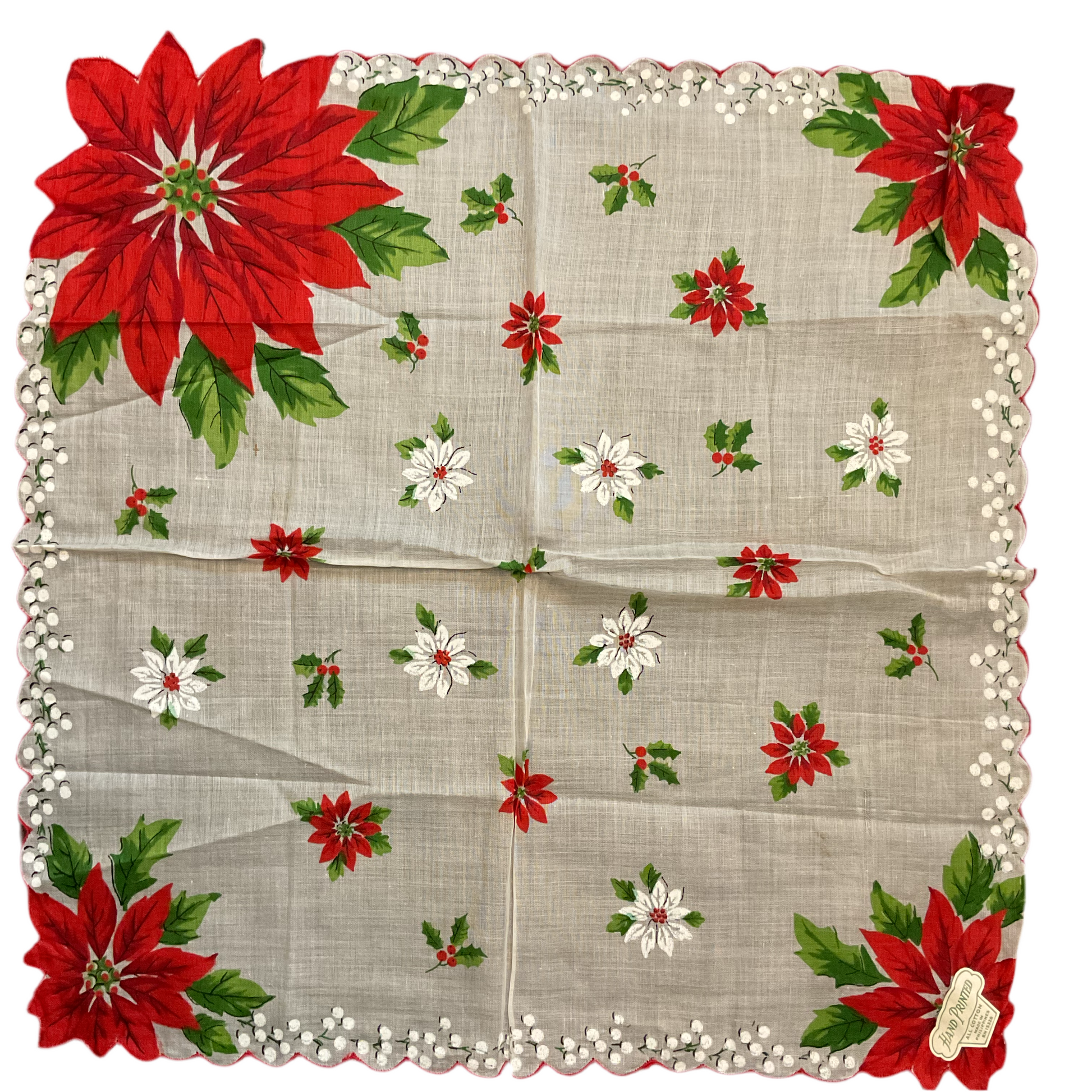 Vintage Christmas Hankie Large Red Poinsettias Floral Printed Ladies Handkerchief - Avid Vintage