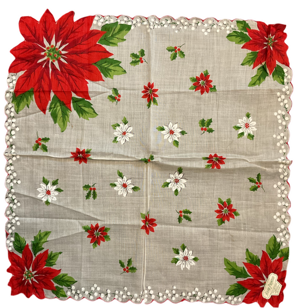 Vintage Christmas Hankie Large Red Poinsettias Floral Printed Ladies Handkerchief