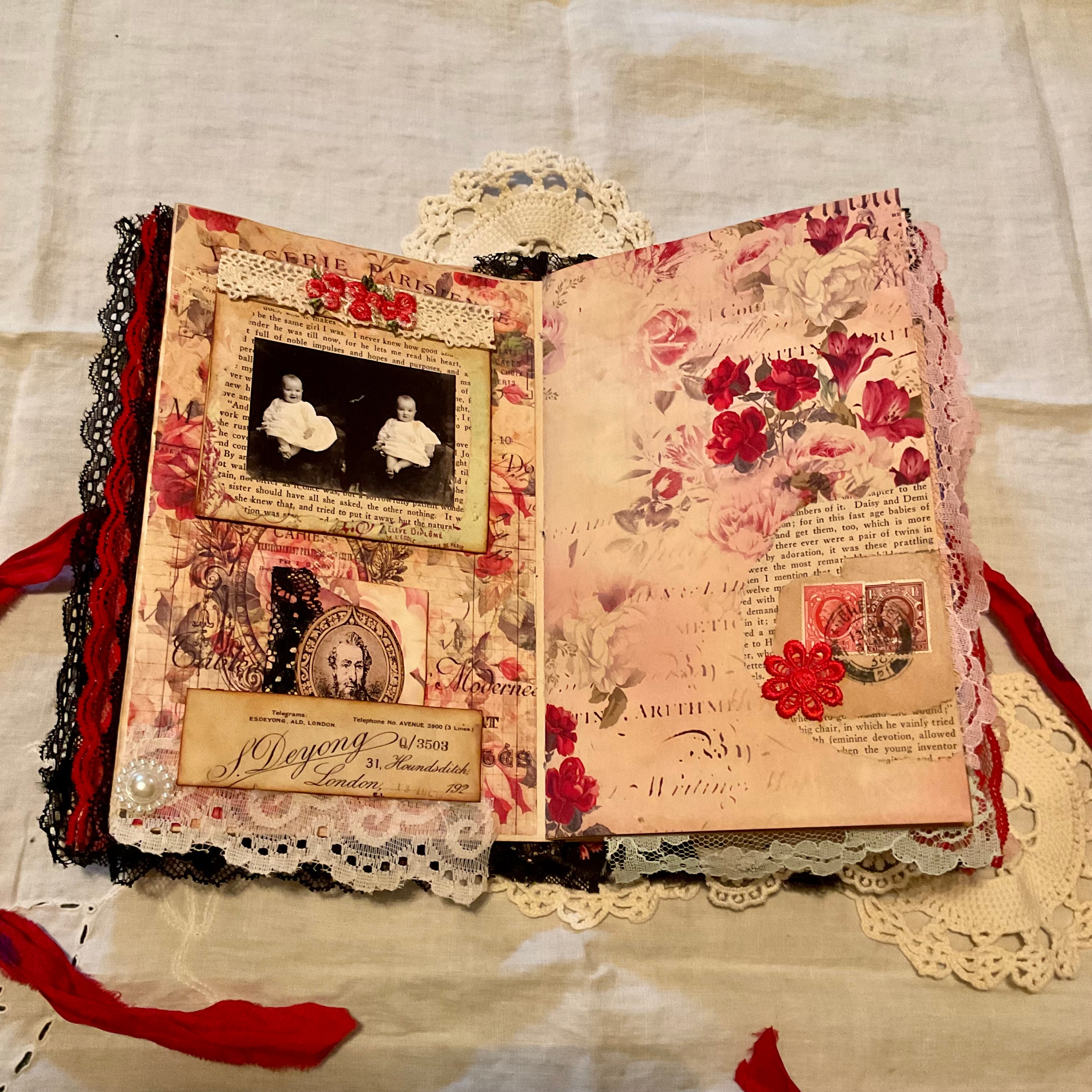 Victorian Junk Journal Handmade Red and Black Themed Tags Pockets OOAK