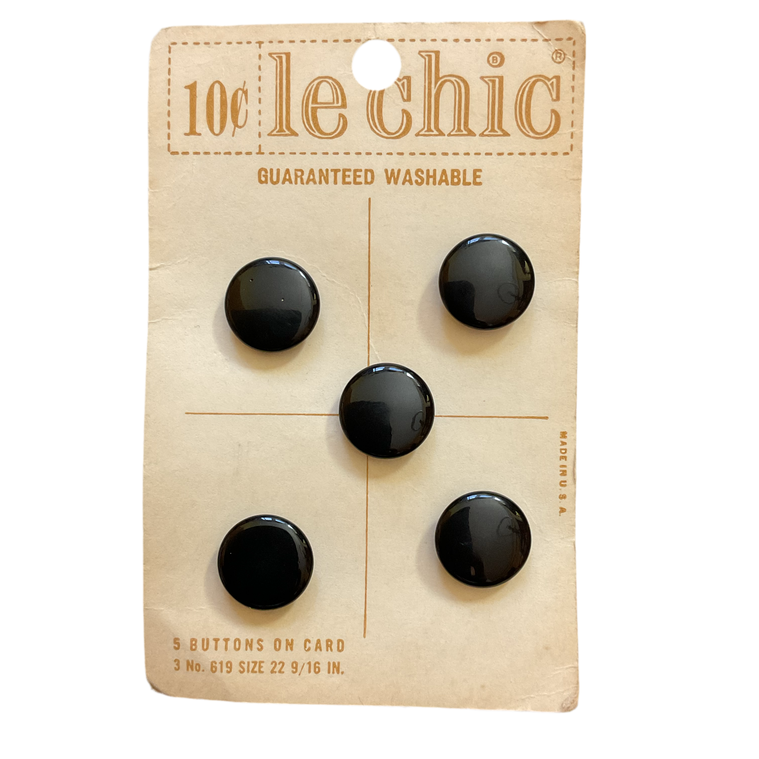 Vintage Black Shank Buttons 619 Le Chic 9/16 Shiny Black 5 on Card