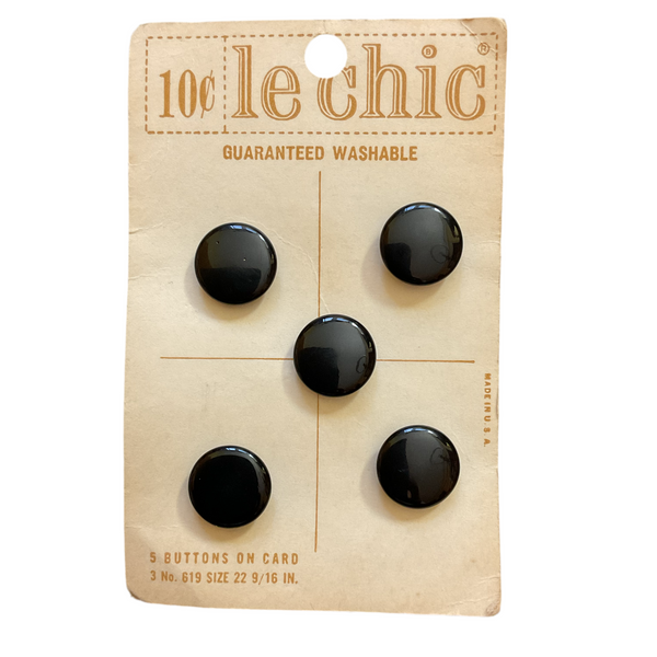 Vintage Black Shank Buttons 619 Le Chic 9/16 Shiny Black 5 on Card