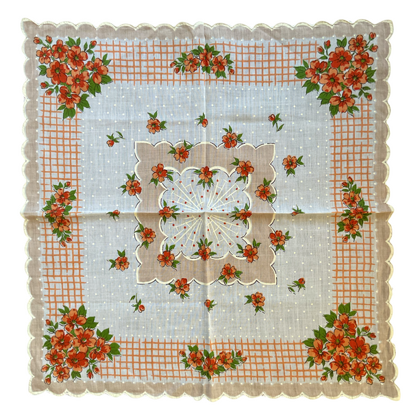 Vintage Hankie Orange Flowers on Tan and White Floral Printed Ladies Handkerchief