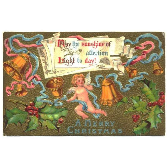 Vintage 1910s Gold Bells and Angel Embossed Christmas Postcard - Avid Vintage