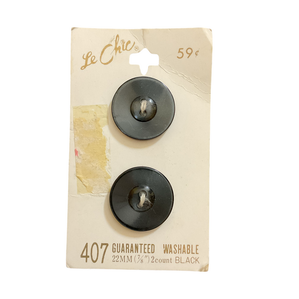 Vintage 7/8” Le Chic 407 Shiny Black 2 Hole Buttons 2 on Card