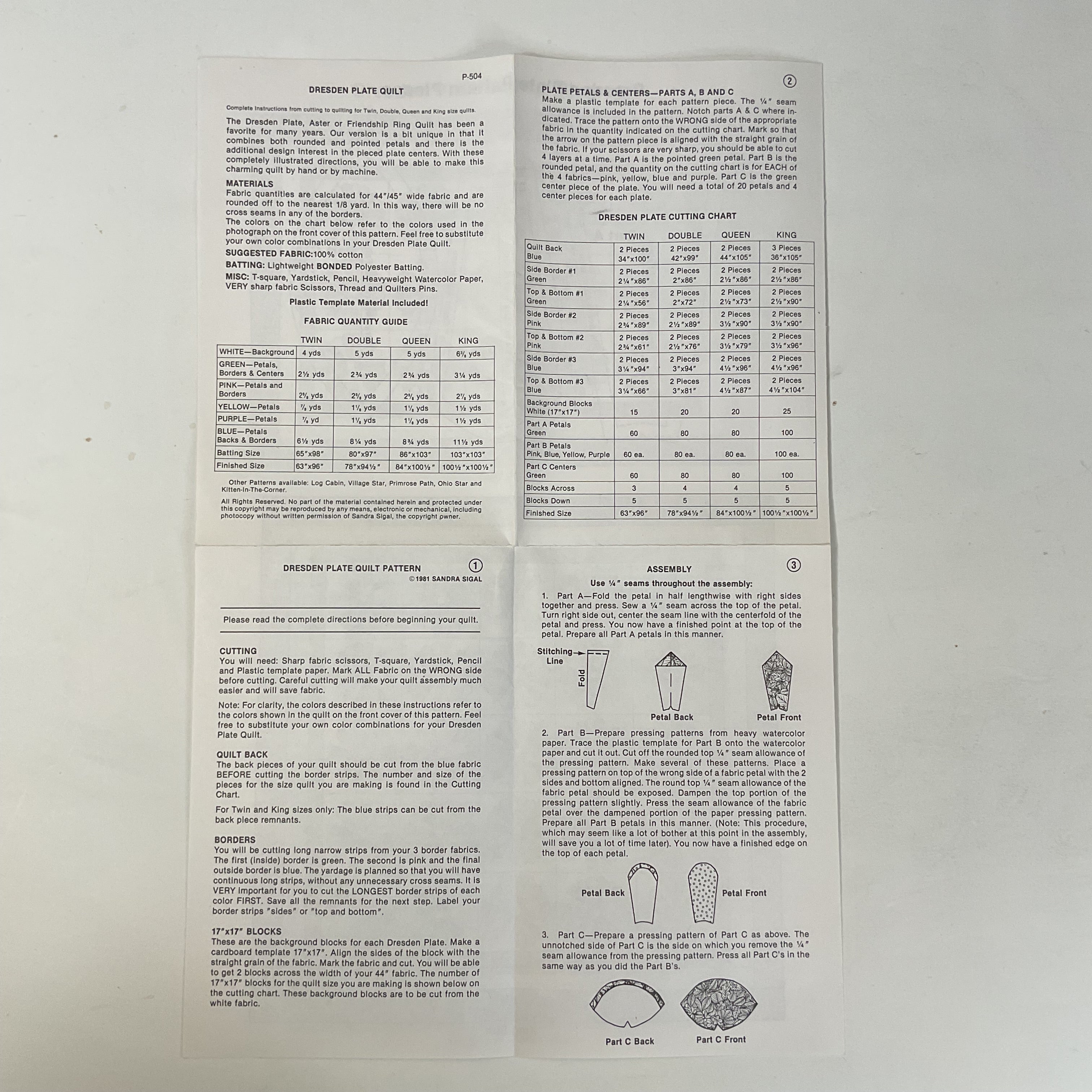 Dresden Plate Quilt Pattern Vintage 1981 V.I.P. Crafts Instructions