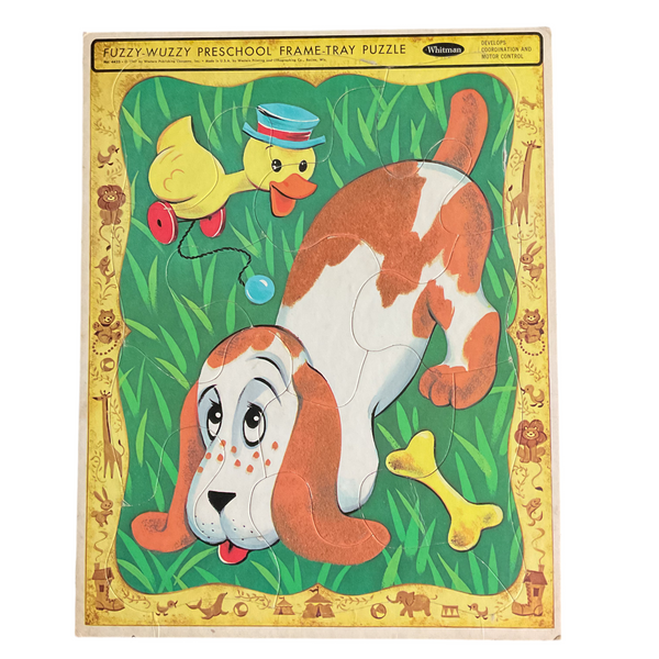 Vintage 1967 Fuzzy Wuzzy Frame Tray Puzzle 4422 Basset Hound Duck Pull Toy