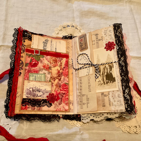Victorian Junk Journal Handmade Red and Black Themed Tags Pockets OOAK