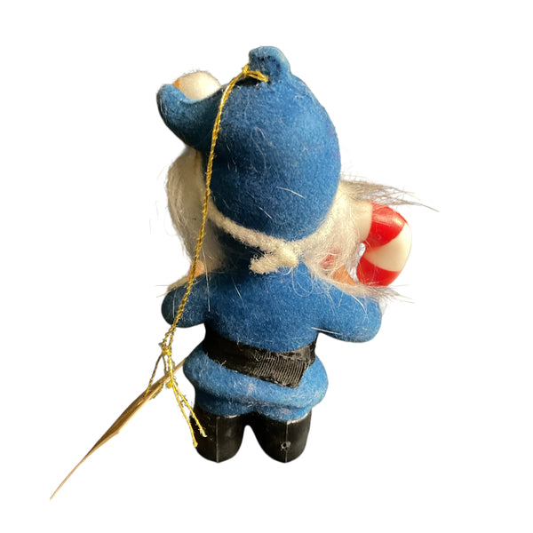 Vintage Blue Elf Flocked Christmas Ornament Candy Cane Gnome