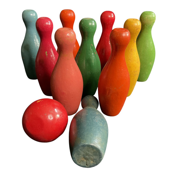 10 Miniature Vintage Wooden Bowling Pins and Ball Toys Game Pieces