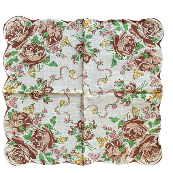 Vintage Brown Roses Pink and Yellow Floral Printed Ladies Hankie Green Leaves
