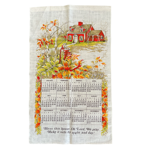 Vintage 1979 Kitchen Calendar Tea Towel Red House Fall Leaves