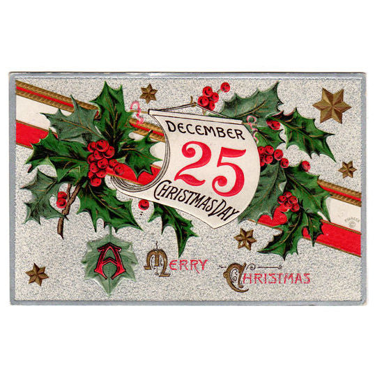 Vintage Christmas Postcard 1910s Holly Berries December 25 Red Stripe and Gold Stars - Avid Vintage