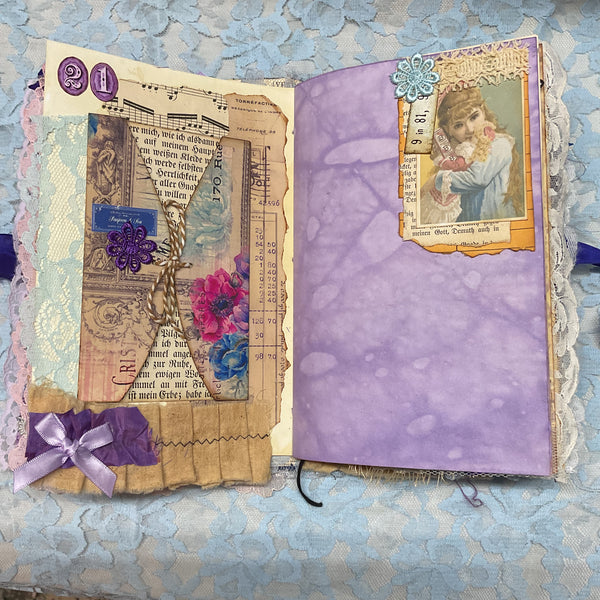 Handmade Victorian Junk Journal Purple Themed Tags Pockets Lace OOAK