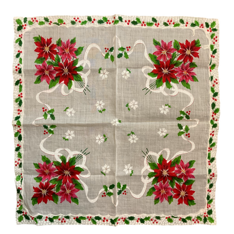 Vintage Christmas Handkerchief Red and Pink Poinsettias Holly Border Hankie