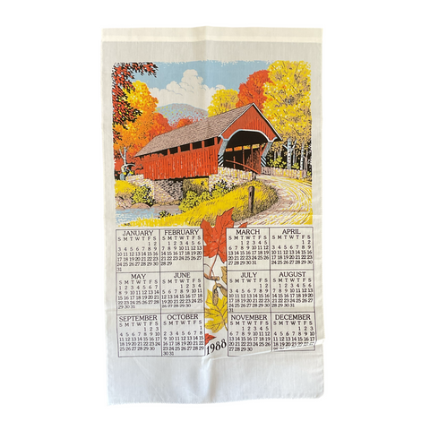 Vintage 1988 Calendar Tea Towel Covered Bridge Fall Leaves