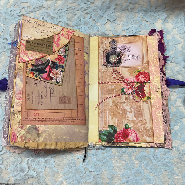 Handmade Victorian Junk Journal Purple Themed Tags Pockets Lace OOAK
