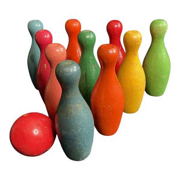 10 Miniature Vintage Wooden Bowling Pins and Ball Toys Game Pieces