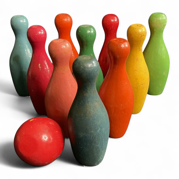 10 Miniature Vintage Wooden Bowling Pins and Ball Toys Game Pieces