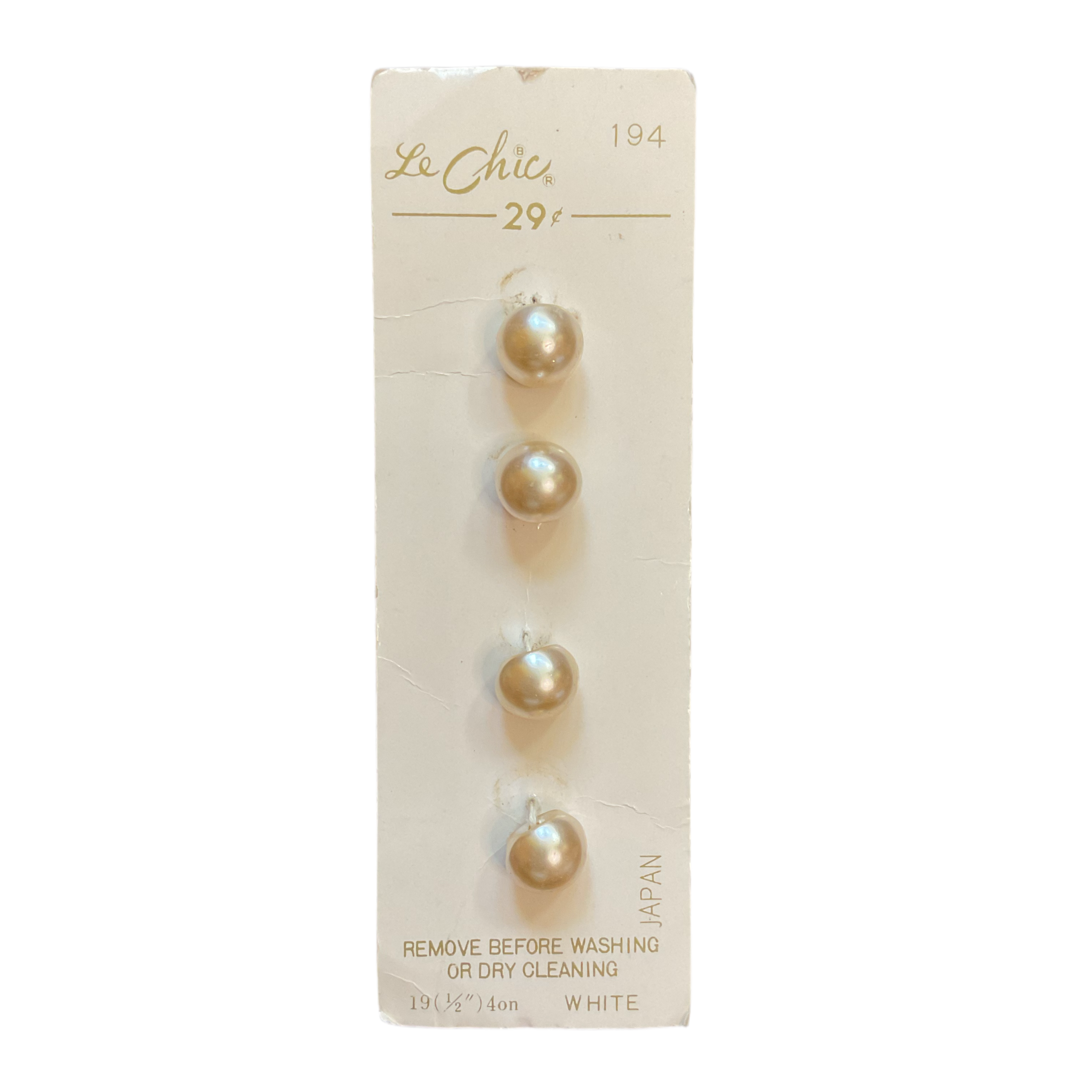 Vintage 194 Le Chic 1/2 Faux Pearl Plastic Shank Buttons 4 on Button Card