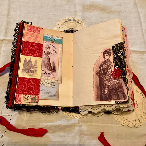 Victorian Junk Journal Handmade Red and Black Themed Tags Pockets OOAK