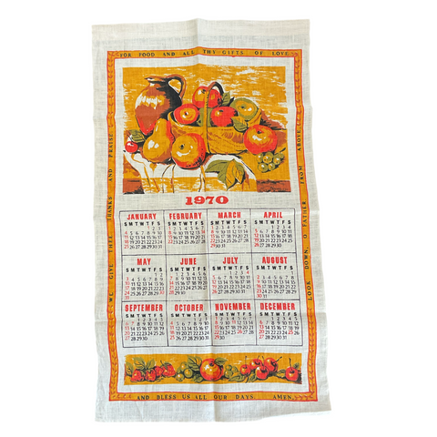 Vintage 1970 Calendar Tea Towel Basket of Fruit Gold Olive Green