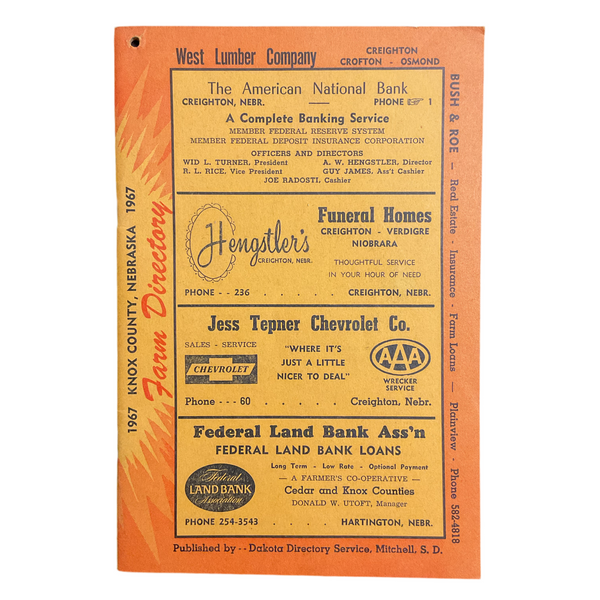 Vintage 1967 Knox County Nebraska Farm Directory Book