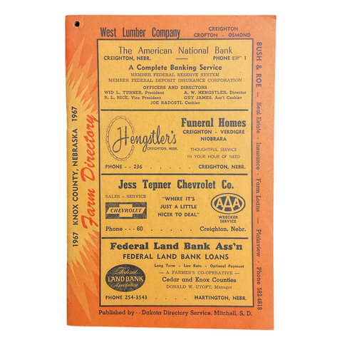 Vintage 1967 Knox County Nebraska Farm Directory Book