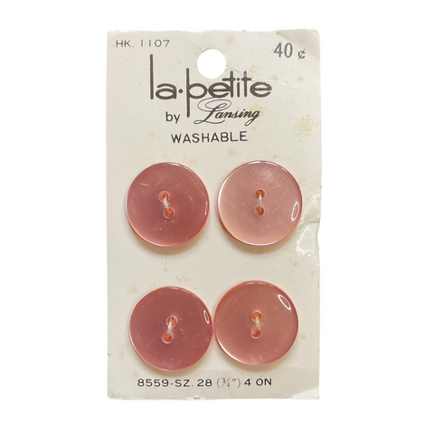 Vintage 1107 La Petite 3/4 Pastel Pink Plastic 2 Hole Buttons 4 on Button Card