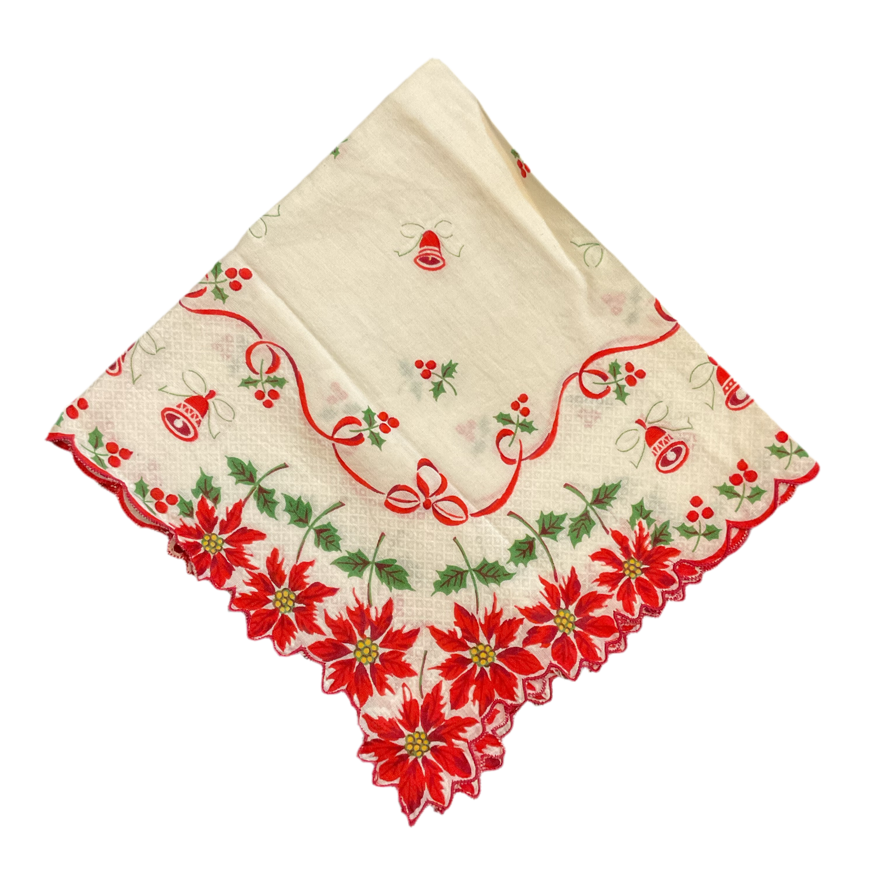 Vintage Christmas Hankie Red Ribbon Poinsettia Border Bells Ladies Handkerchief