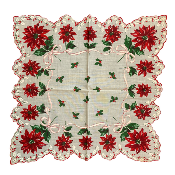 Vintage Christmas Handkerchief Holly Border Red Poinsettias Pink Ribbon Ladies Hankie