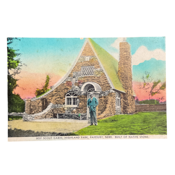 Vintage Town View Postcard Boy Scout Cabin Fairbury Nebraska McNish Park
