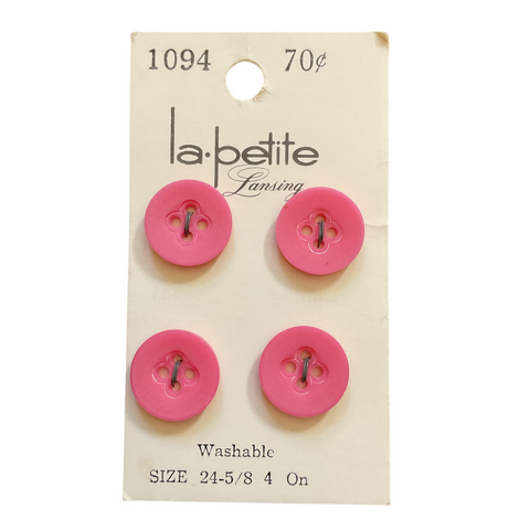 Vintage 1094 La Petite 5/8 Matte Pink 4 Hole Buttons 4 on Card