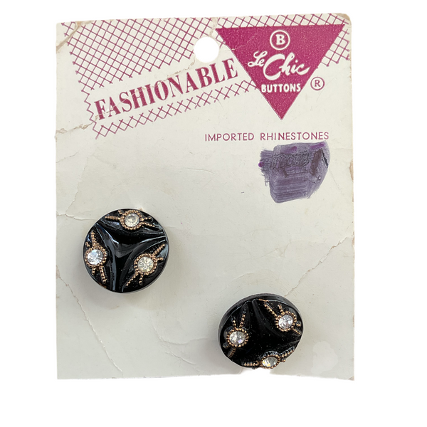 Vintage Le Chic Black Rhinestone Shank Buttons 2 on Card