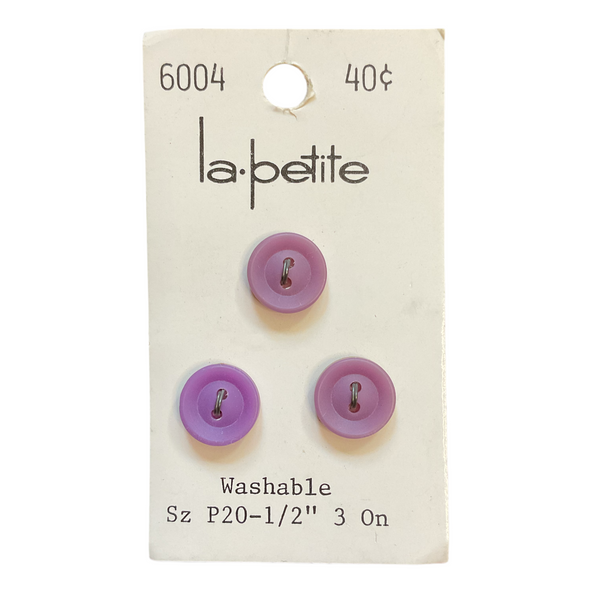 Vintage La Petite 1/2 Purple Plastic 2 Hole Buttons 3 on Card