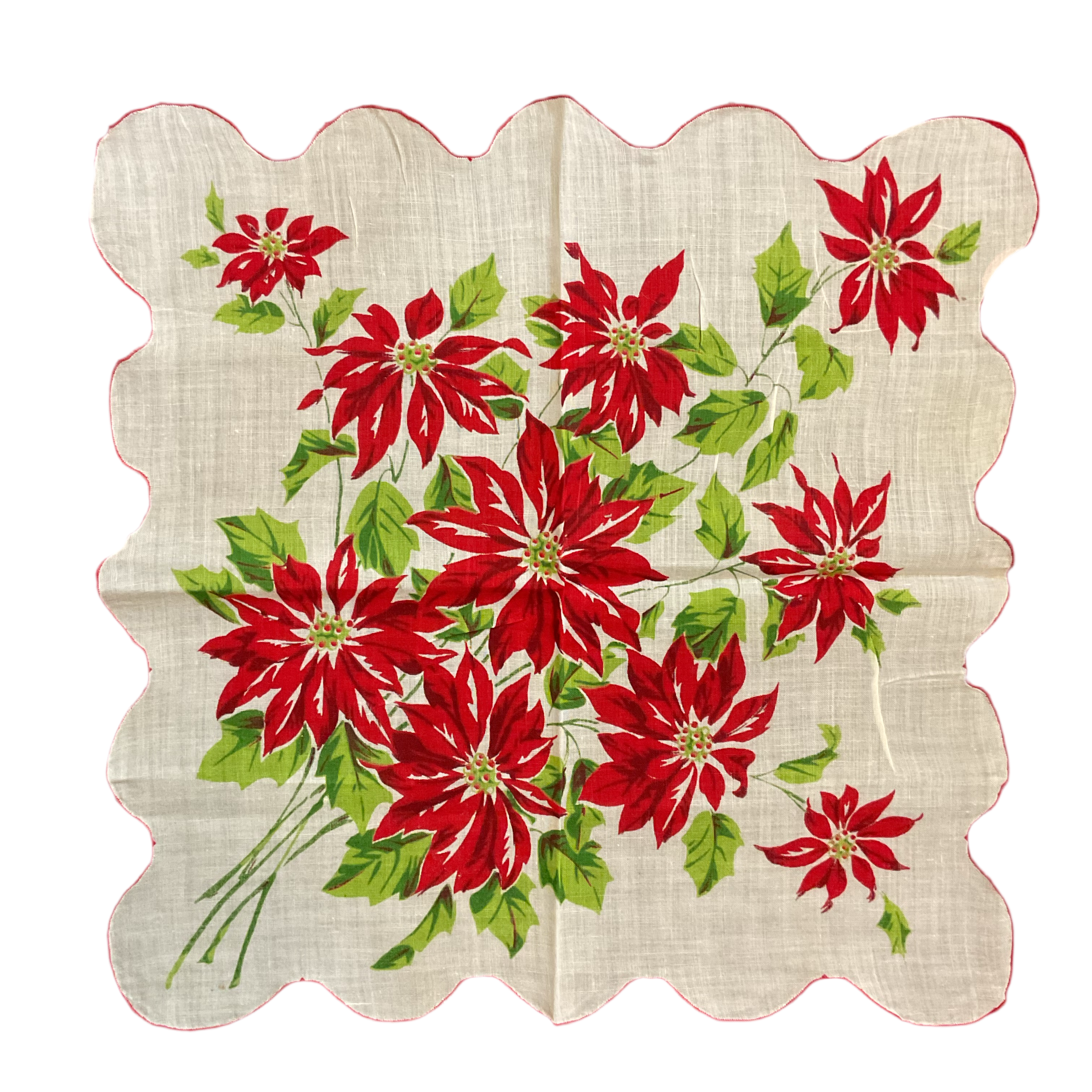 Vintage Christmas Handkerchief Red Poinsettias Scallop Edge Ladies Hankie