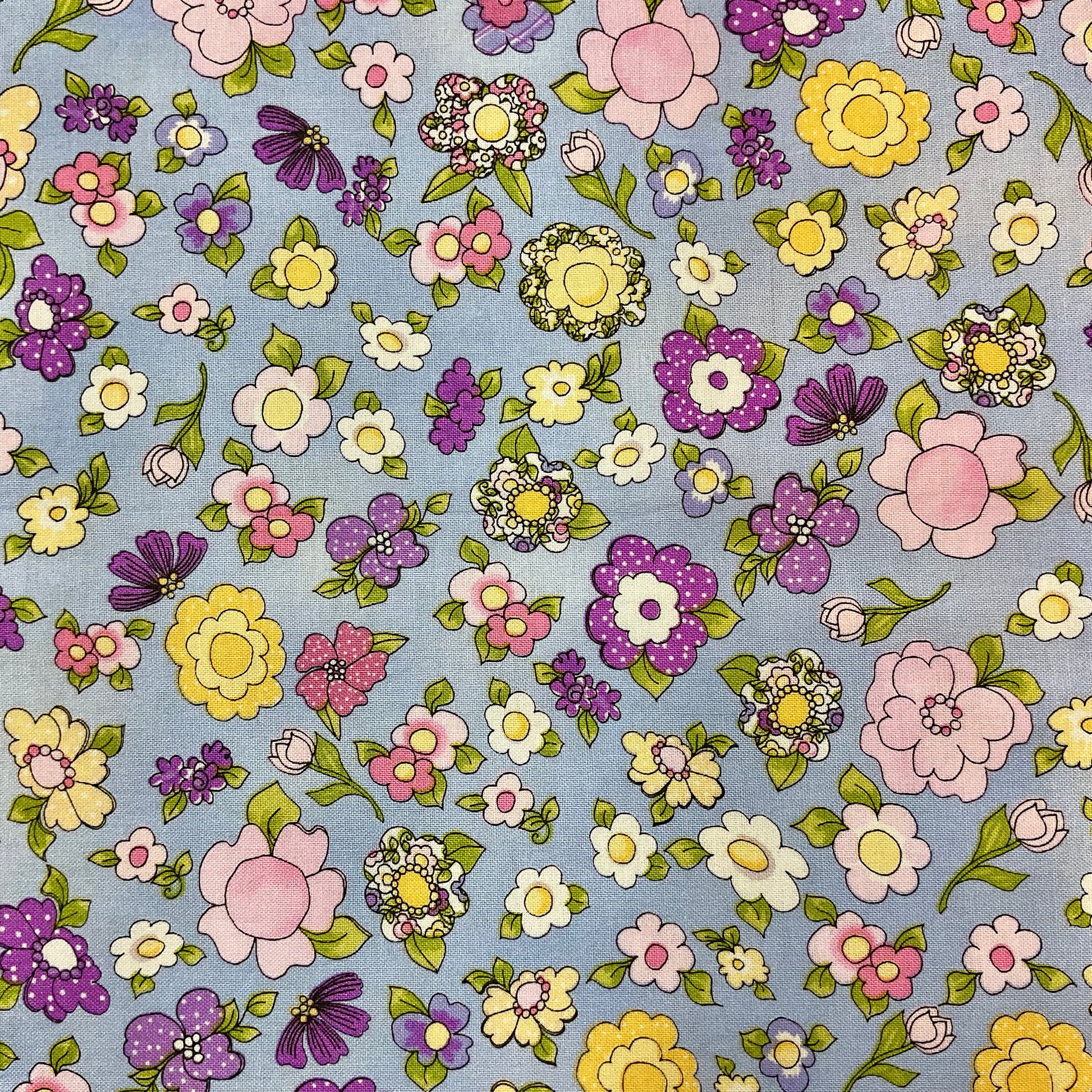 Loralie Designs Flowery Fabric 43 x 1 Yard Blue Pink Purple - Avid Vintage