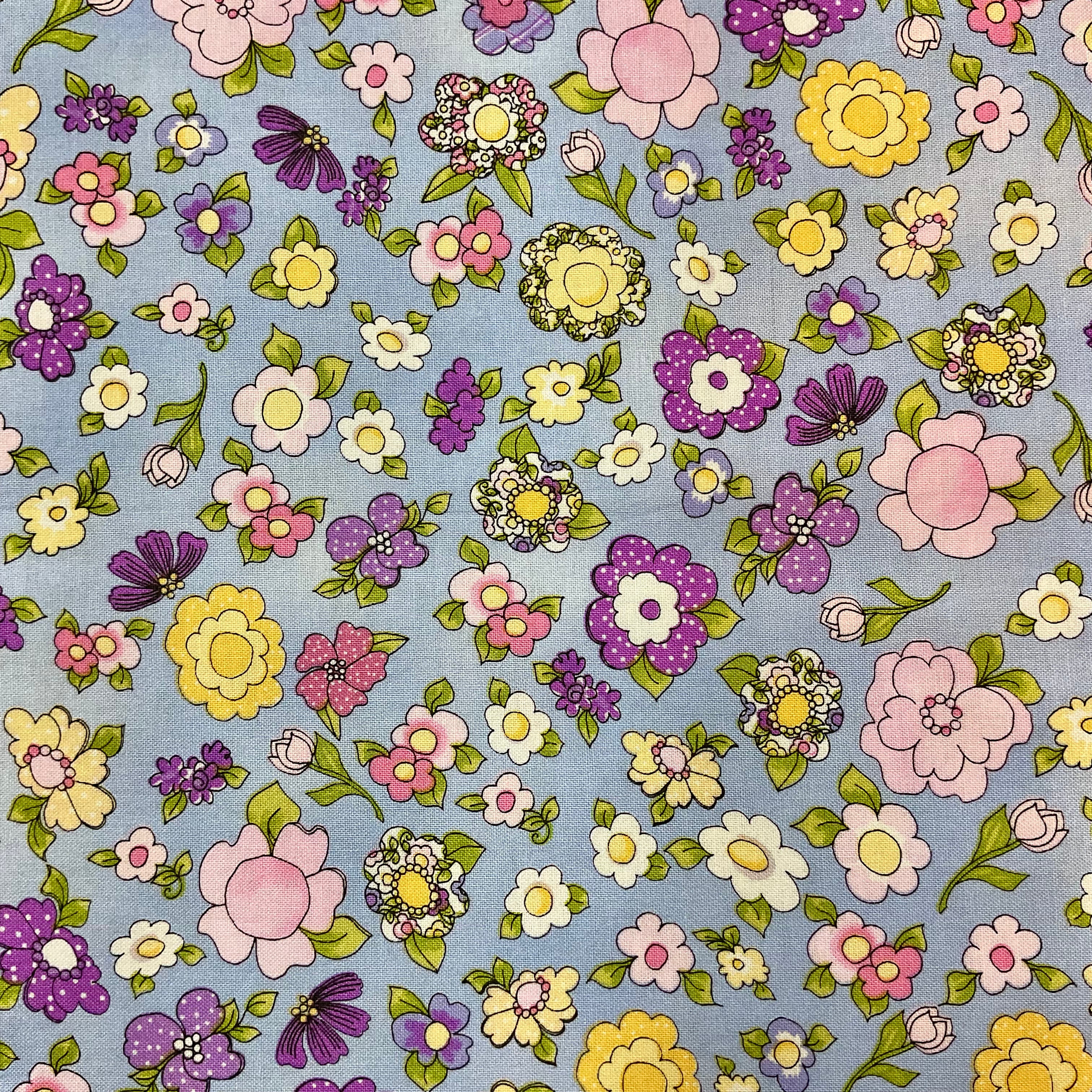 Loralie Designs Flowery Fabric 43 x 1 Yard Blue Pink Purple - Avid Vintage