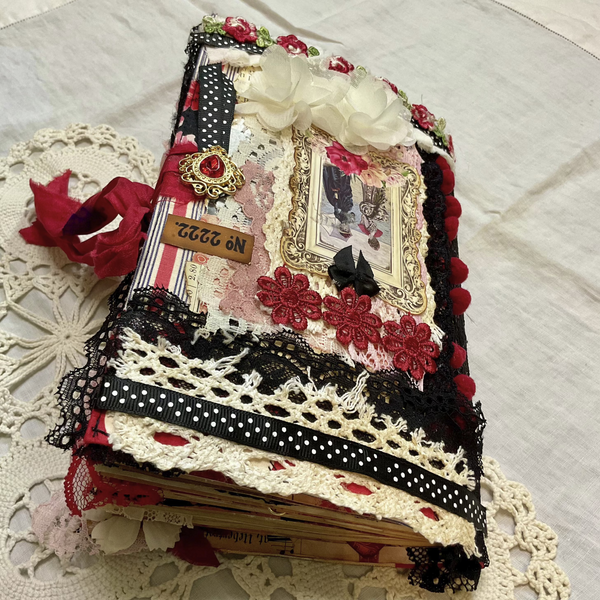 Victorian Junk Journal Handmade Red and Black Themed Tags Pockets OOAK