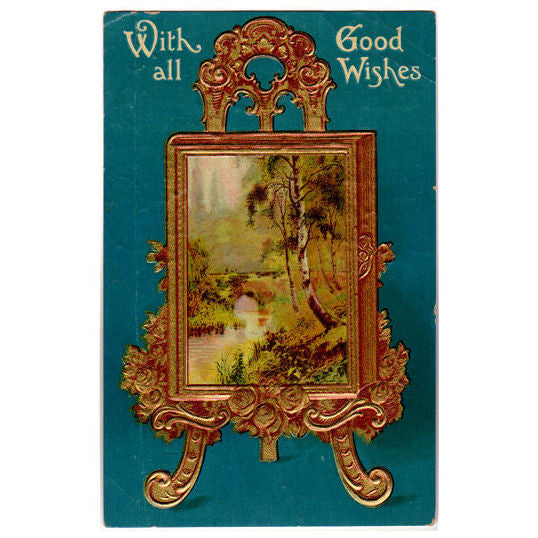 Vintage Good Wishes Greetings Postcard Photo Album on Ornate Gold Stand - Avid Vintage