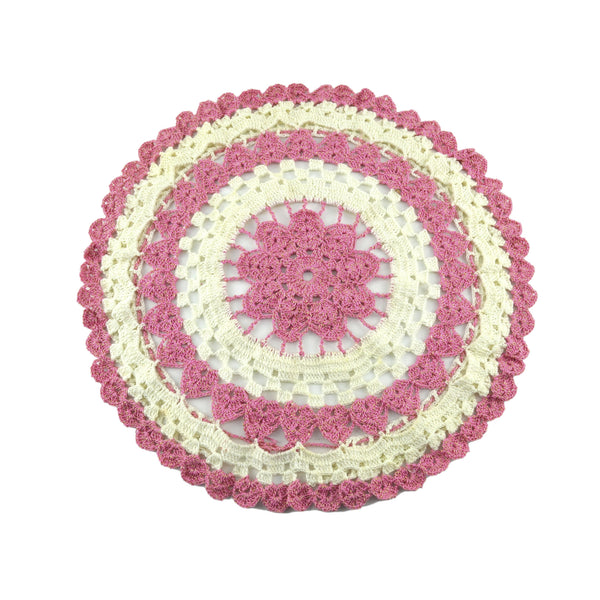 Vintage Hand Crochet Round Doily Off White Pink and Gold Metallic