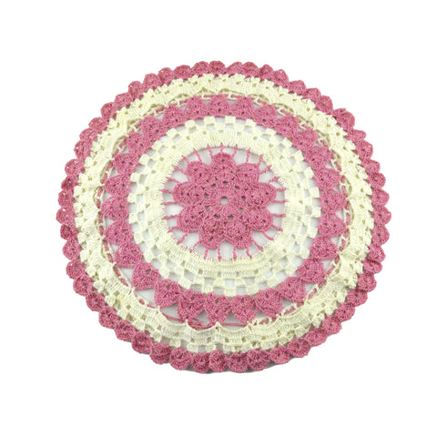Vintage Hand Crochet Round Doily Off White Pink and Gold Metallic